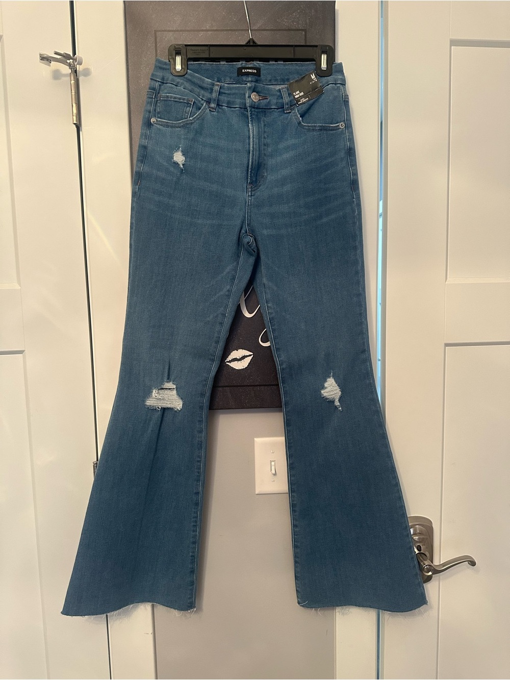 Express Medium Blue High-Rise Flare Jeans with Distressed Details